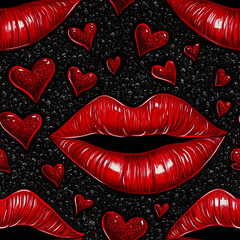 Poster - Glossy red lips and glitter hearts texture on black background for Valentine's Day