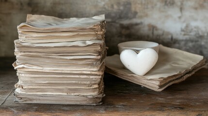 Poster - Aged books stacked neatly on a wooden table, accompanied by a heart-shaped cup, creating a vintage, cozy atmosphere perfect for a quiet moment