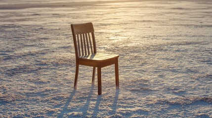 Poster - An abandoned wooden chair resting in the salt desert, with soft sunlight casting gentle shadows, highlighting its sense of solitude and emptiness
