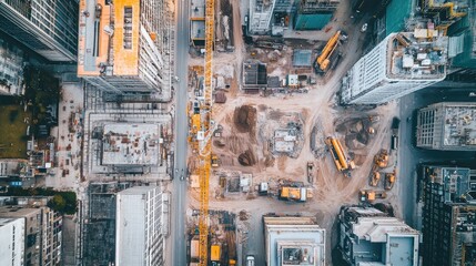 Leinwandbilder - An aerial view of a sprawling construction site, with cranes, bulldozers, and loaders actively working on earthworks, showcasing the busy and detailed operation of the site