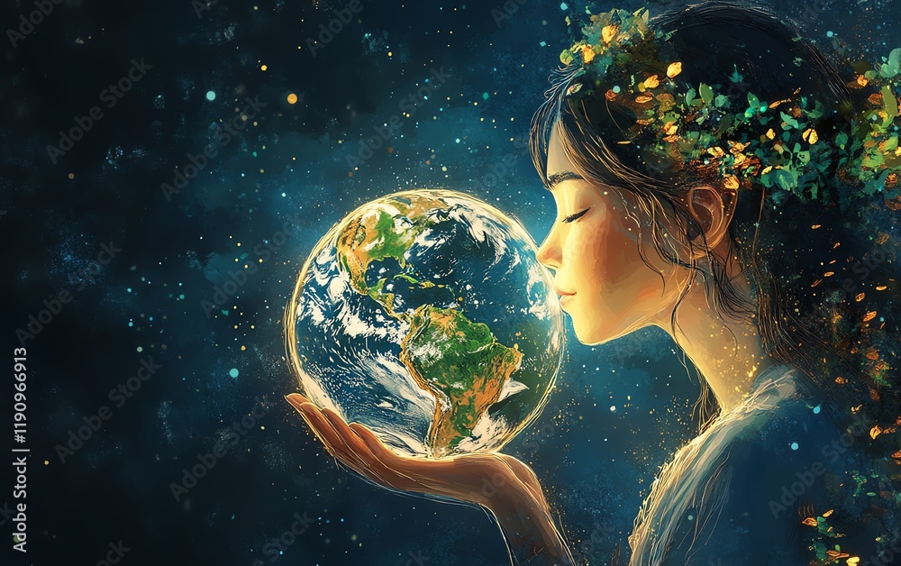 Mother Earth visualized as a young woman holding the globe with love ...