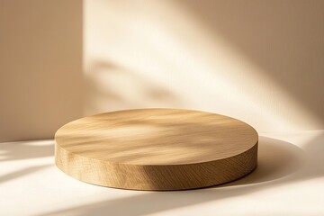 Poster - Minimalist Nordic-style product display on round wooden podium against soft beige background with natural lighting