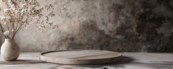 Poster - Empty round wooden tray displaying products with dried flowers and rustic background