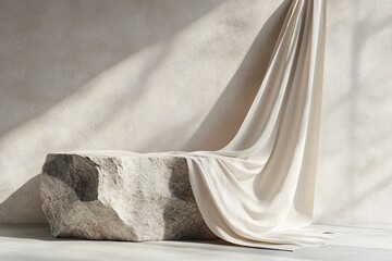 Poster - Minimalist Nordic stone podium draped with natural linen in a serene setting with ample negative space for creative text placement