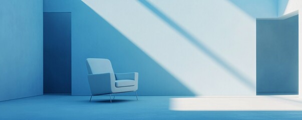 Aufkleber - Modern blue interior with armchair illuminated by sunlight creating shadows