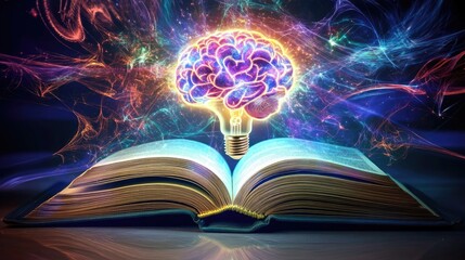 Poster - An open book with a vibrant, glowing brain-bulb above it, illustrating the link between education, imagination, and intellectual development