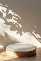 Poster - minimalist product display featuring frosted glass podium on natural wood base with soft light refle