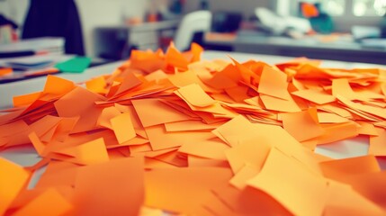 Poster - An unorganized spread of orange sticky notes on a white desk, representing a creative brainstorming session with ideas in motion