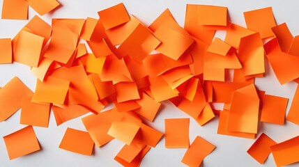 Poster - An unorganized spread of orange sticky notes on a white desk, representing a creative brainstorming session with ideas in motion