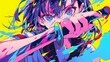 A dynamic anime character with an intense expression, holding a knife, rendered in a colorful anime style.