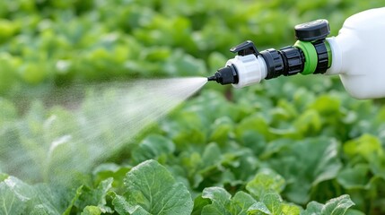 Wall Mural - A close-up of a sprayer applying liquid to a lush field of green lettuce, showcasing agricultural practices in crop care.