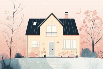 Poster - Charming silhouette of a house with a garden creating a cozy and inviting atmosphere during dusk. Generative AI