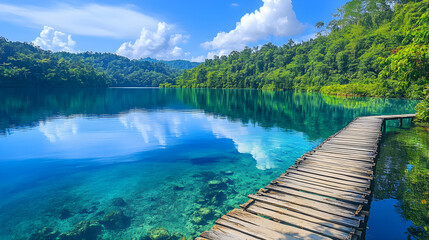 Poster - A lake with clear water surrounded by nature and a walking path for relaxation.