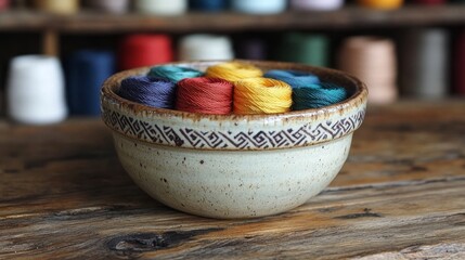 Wall Mural - Colorful threads arranged in a decorative bowl on a wooden surface for crafting