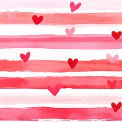 Poster - Watercolor red and pink striped texture with hearts for Valentine's Day
