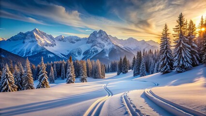 Wall Mural - Pristine Ski Tracks in Snowy Mountain Landscape - Serene Winter Travel Destination