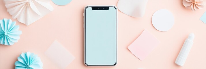 Fototapete - Stylized smartphone surrounded by colorful paper decorations on a light pink background. Generative AI