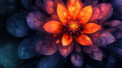 Wall Mural - Vibrant orange and blue fractal flower blossom.