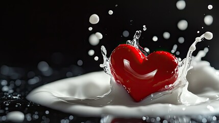 A red heart-shaped object is seen splashing into a pool of white liquid