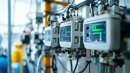 Poster - Modern control panels displaying real time data and parameters are crucial for monitoring and managing industrial processes, ensuring efficient production and quality control in a factory setting