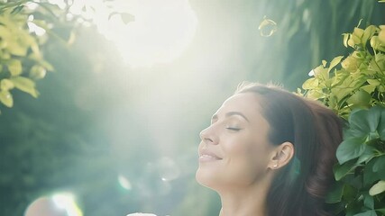 Wall Mural - portrait of a woman in nature, person listening to music