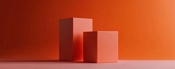 Poster - Two empty coral pink pedestals displaying products on orange background
