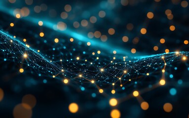 Poster - Abstract blue digital wave with glowing particles, data flow visualization