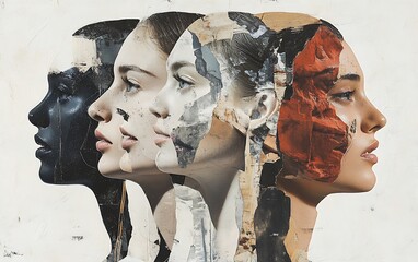 Poster - Four female profiles, fragmented textures, artistic portrait against a textured background, concept of diversity