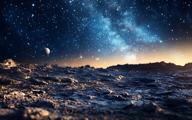 Poster - Alien planet landscape at sunrise under starry night sky