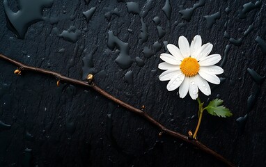 Aufkleber - White daisy and branch on wet black stone