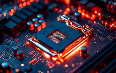 Poster - Close-up of CPU socket on motherboard with red lights