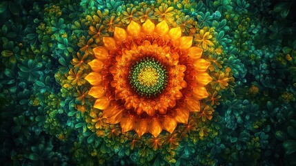 Wall Mural - Vibrant orange sunflower surrounded by teal foliage, creating a mandala-like pattern.