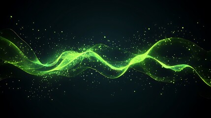 Poster - Glowing green wave with particles on dark background for digital art
