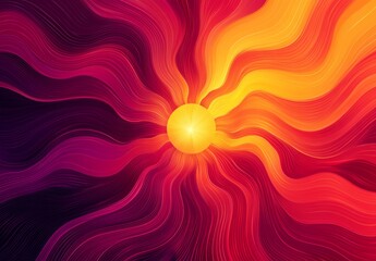 Poster - Vibrant Energy Burst, Abstract illustration featuring sun rays radiating from a central sun, set against a red and orange gradient backdrop.