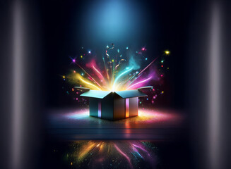 Poster - A metallic gift box sits open, emitting a vibrant burst of colorful light and sparkling particles, creating a magical, celebratory scene.