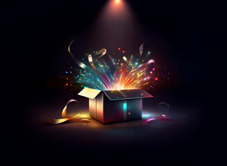 Poster - A dark, mysterious box explodes with vibrant, colorful fireworks and shimmering ribbons, illuminated by a spotlight.  A magical, celebratory moment is captured.