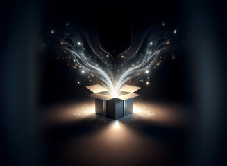 Aufkleber - An open gift box emits magical, glowing smoke and sparkles in a dark setting.  The scene is mysterious and enchanting, hinting at wonder and surprise.