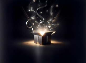 Aufkleber - A dark, open gift box radiates light, silver ribbons and sparkles burst forth, creating a magical, celebratory feel.
