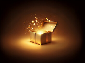 Aufkleber - A golden gift box sits open, emitting a radiant light and sparkling golden confetti.  Magic, wonder, and celebration are implied.