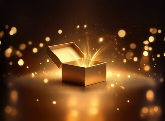 Aufkleber - A golden gift box sits open, emitting a radiant, magical glow.  Sparkling lights and bokeh surround it, creating a festive, celebratory atmosphere.