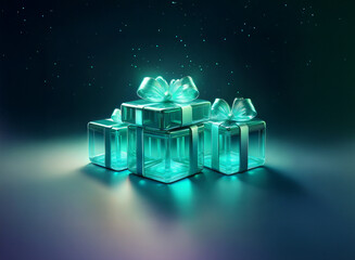 Poster - Glowing teal glass presents with silver ribbons sit on a dark surface, illuminated from within, creating a magical, festive atmosphere.  Sparkling particles add to the enchanting scene.