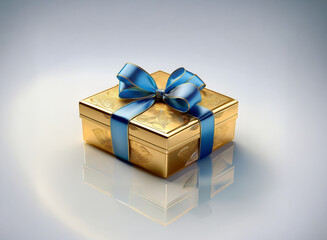 Poster - A gold gift box with a blue ribbon sits on a reflective surface.  The box is square and features subtle detailing.