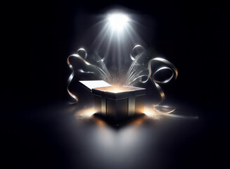 Poster - A dark, mysterious gift box sits open, illuminated by a spotlight, emitting magical ribbons and light.  A sense of wonder and anticipation fills the scene.