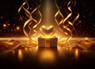 Poster - A golden heart rests inside a gift box, illuminated by a spotlight.  Golden ribbons and shimmering particles surround it, creating a luxurious, celebratory atmosphere.
