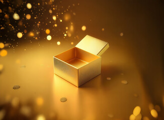 Poster - A golden, empty gift box sits open on a shimmering gold surface, surrounded by sparkling golden confetti.  A magical, celebratory feel.