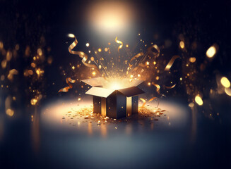 Poster - A dark background showcases an open cardboard box emitting a radiant golden light, confetti, and ribbons.  The scene evokes surprise, celebration, and excitement.