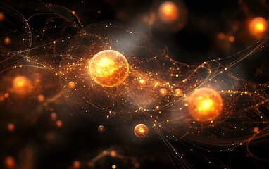 Poster - Glowing orbs connected by energy trails in dark space, science fiction background