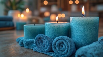 Wall Mural - Tranquil Blue Candles for a Relaxing Spa Atmosphere. Generative AI