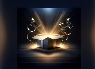 Aufkleber - A dark, mysterious box sits open on a wooden surface, emanating a radiant golden light and shimmering ribbons.  Magic and wonder fill the scene.