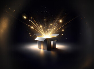 Poster - A dark metallic gift box bursts open, revealing a brilliant golden light and sparkling particles.  Magic, wonder, and surprise are captured in this stunning image.